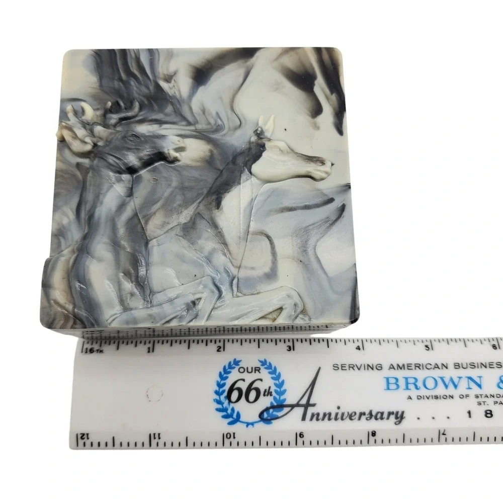 Hickok Trinket Box Gray Marbleized Acrylic Stag Deer Relief Vintage MCM Decor